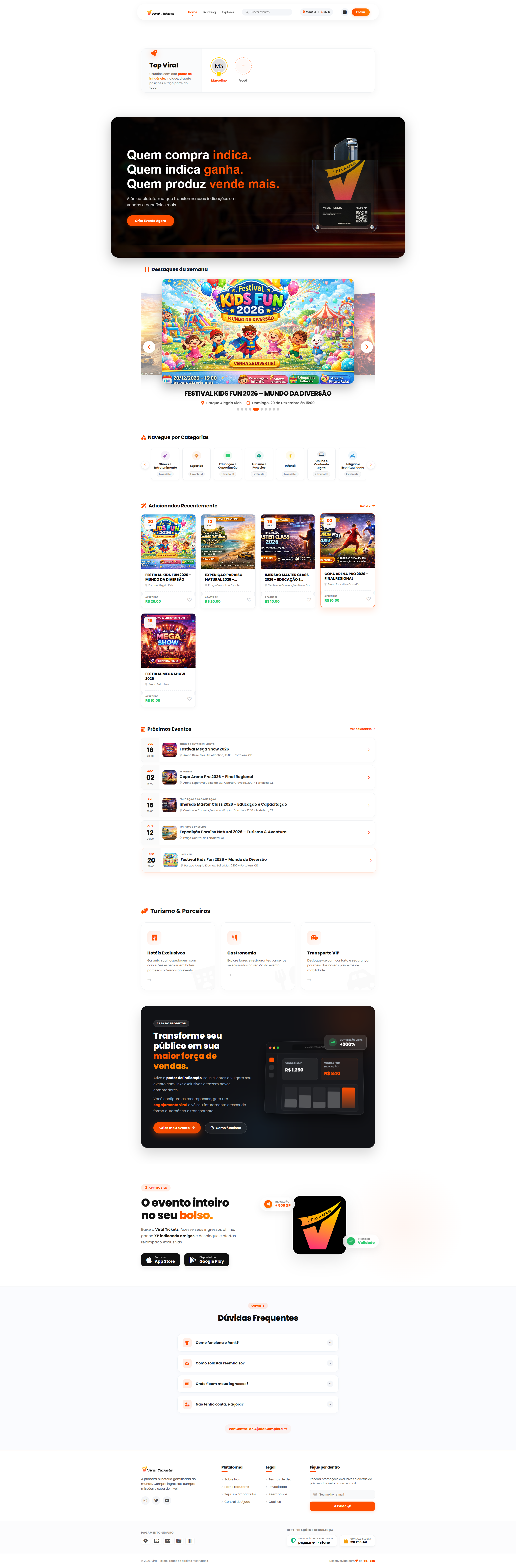 Tela completa do site Viral Tickets rolando como uma pagina
