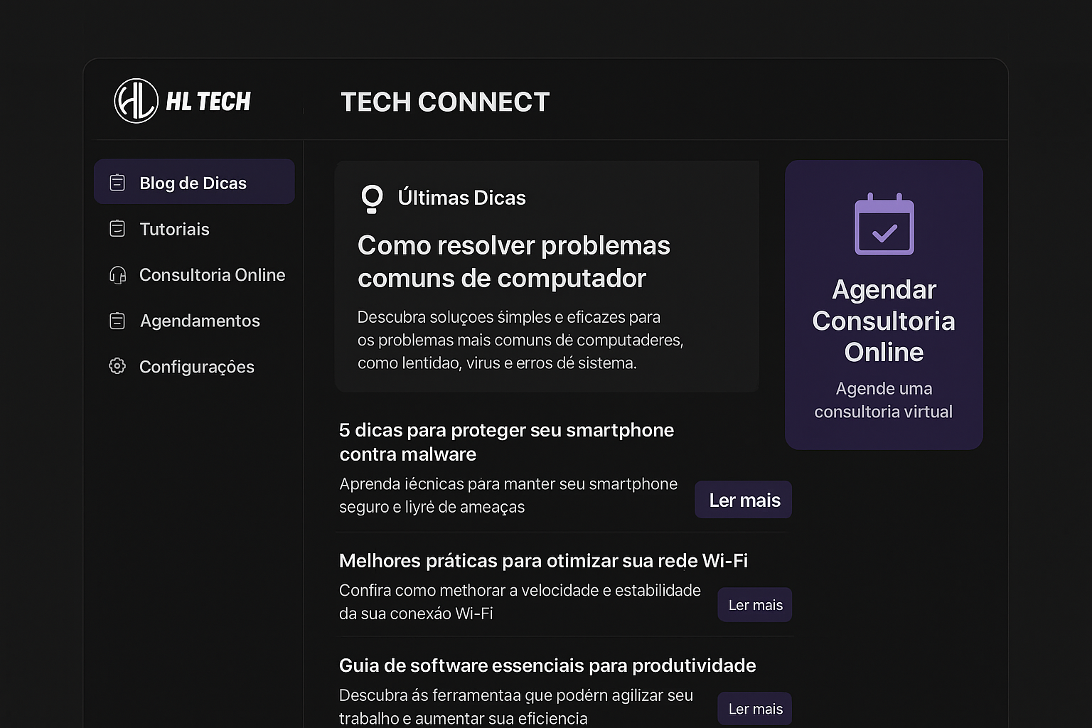 Layout da plataforma online de consultoria Tech Connect